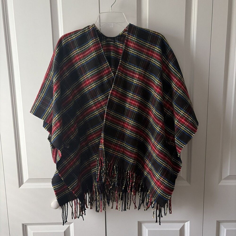 Talbots Plaid Fringe Blanket Shawl Poncho Serape M/L